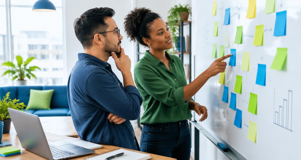 Illustrative startup team reviewing ideas on a whiteboard