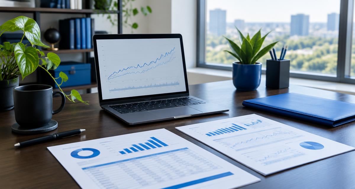 Illustrative financial reports and laptop on a workspace desk